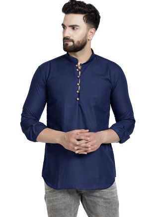 Navy Blue Cotton Readymade Short Kurta