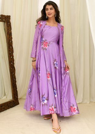 Purple Hand Painted Long Kurti & Jacket