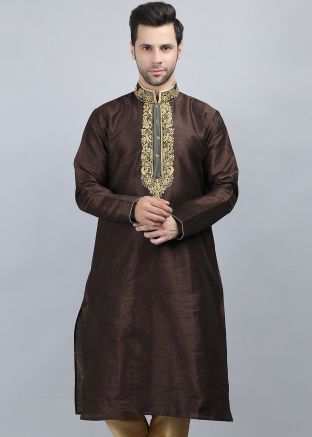 Brown Readymade Mens Embroidered Kurta