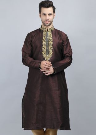 Readymade Brown Embroidered Mens Kurta