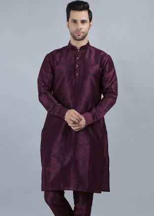 Wine Plain Mens Kurta In Dupion Silk