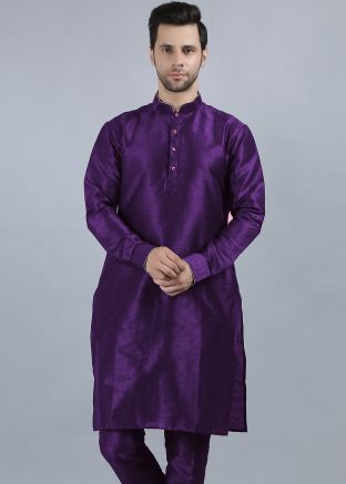 Purple Readymade Mens Dupion Silk Kurta