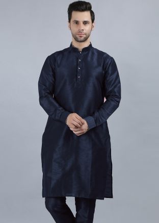 Navy Blue Plain Mens Dupion Silk Kurta