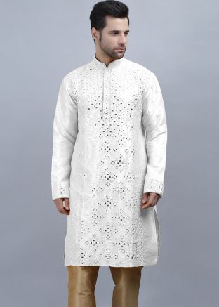 Readymade White Embellished Kurta