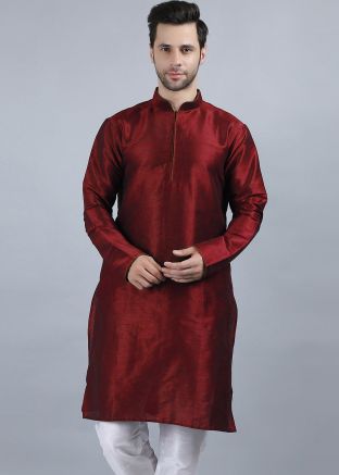Maroon Plain Readymade Dupion Silk Kurta