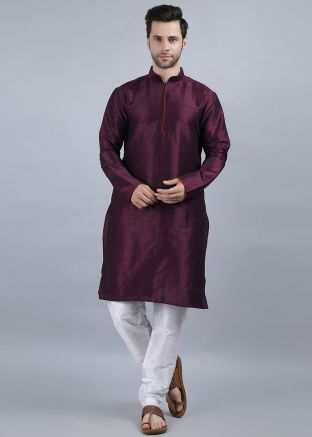 Purple Mens Kurta Pajama In Dupion Silk