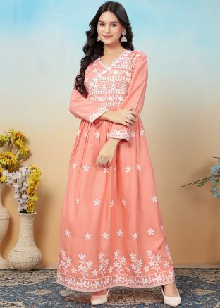 Readymade Peach Embroidered Long Kurta