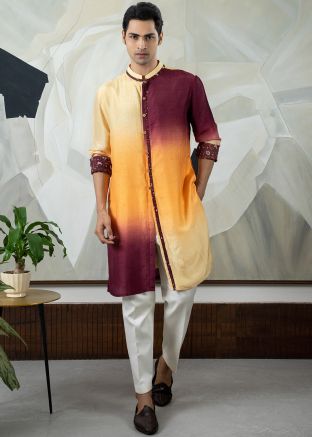 Shaded Orange & Maroon Printed Kurta Pajama