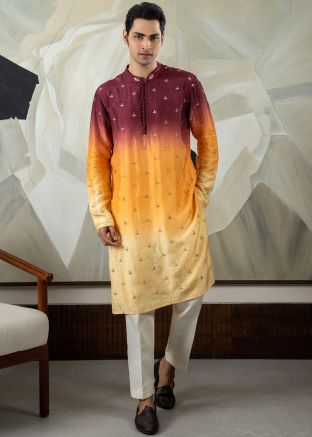 Shaded Orange & Maroon Embroidered Kurta & Pajama