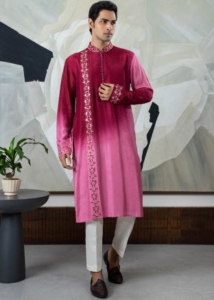 Shaded Pink Embroidered Kurta Pajama In Silk