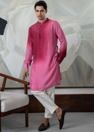 Readymade Shaded Pink Embroidered Kurta & Pajama