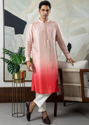 Readymade Shaded Pink & Peach Embroidered Kurta Pajama