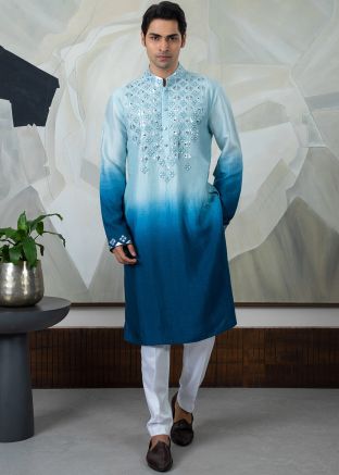 Shaded Blue Embroidered Kurta Pajama Set
