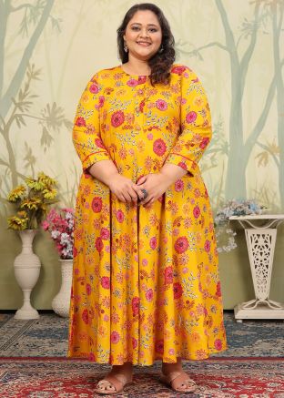 Yellow Floral Printed Dress In Rayon