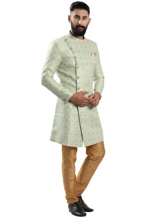 Green Indo Western Sherwani In Woven Work