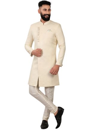 Cream Mens Woven Indo Western Sherwani