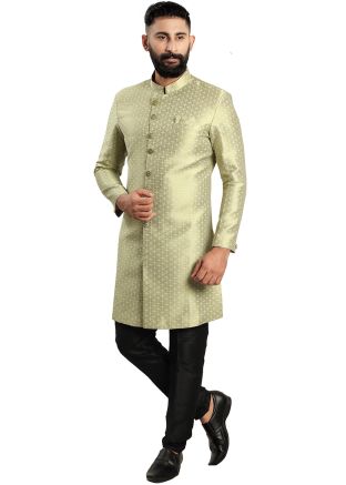 Green Indo Western Sherwani In Woven Work