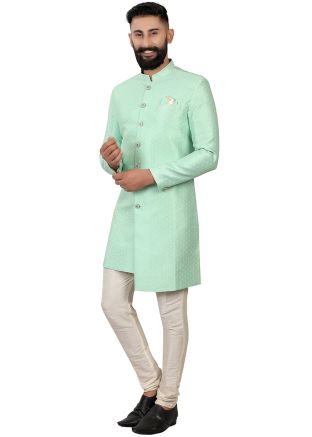Green Woven Mens Indo Western Sherwani