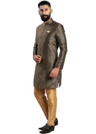 Black Indo Western Sherwani In Woven Work