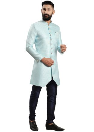 Blue Woven Indo Western Sherwani