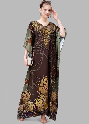 Brown Digital Print Crape Kaftan