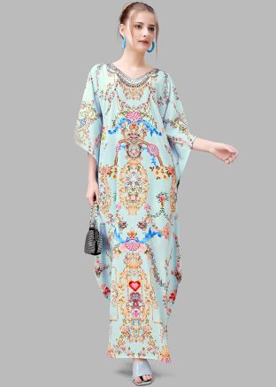 Sky Blue Digital Print Crape Kaftan
