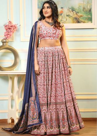 Pink Digital Floral Printed Satin Lehenga