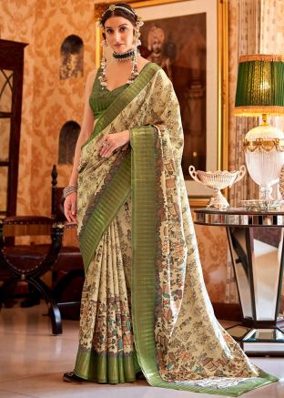 Cream & Green Printed Silk Saree