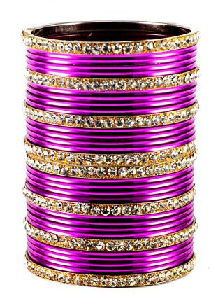 Stone Studded Pink and Golden Bangle Set