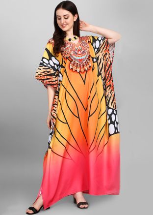 Orange Printed Kaftan In Crape