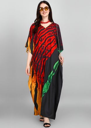 Black Readymade Printed Kaftan In Crape