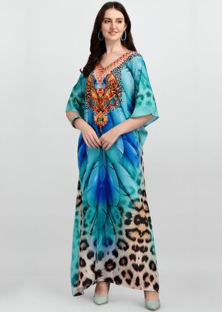 Blue Printed Crape Kaftan