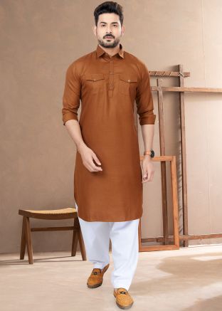 Readymade Brown Cotton Pathani Suit