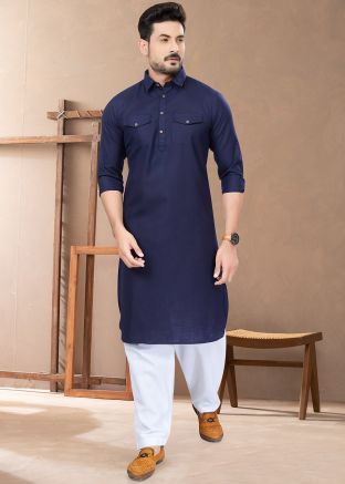 Navy Blue Mens Plain Pathani Suit