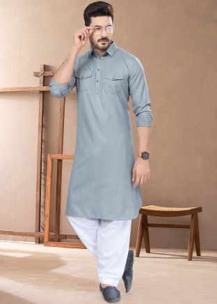 Readymade Grey Mens Cotton Pathani Suit