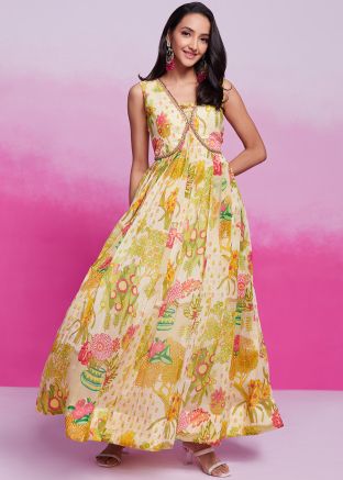 Cream Floral Print Gown In Organza