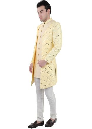 Cream Readymade Mens Embroidered Indo Western Sherwani