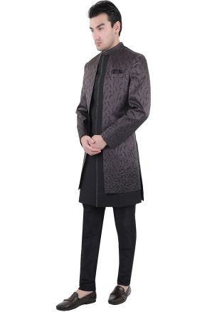 Grey Mens Readymade Stone Art Silk Indo Western Sherwani