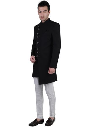 Black Mens Readymade Rayon Sherwani In Asymmetric Style 