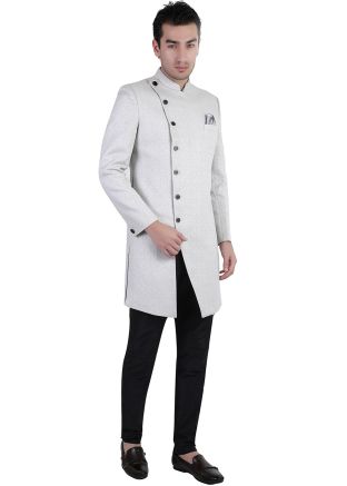 Grey Mens Readymade Asymmetric Sherwani In brocade