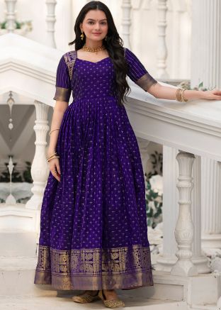 Blue Zari Woven Gown In Silk