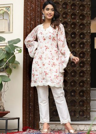 Off White Floral Print Kurta Set In Cotton Silk