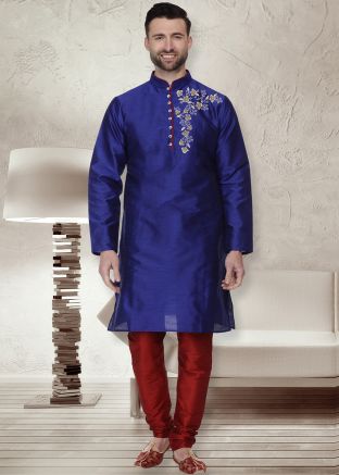 Blue Readymade Printed Mens Kurta Pajama In Dupion Silk