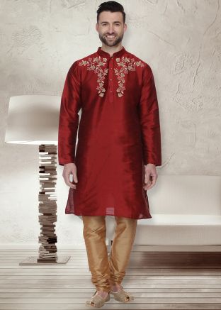 Maroon Readymade Dupion Silk Mens Kurta Pajama In Print