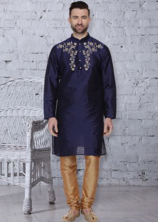 Blue Readymade Printed Dupion Silk Mens Kurta Pajama