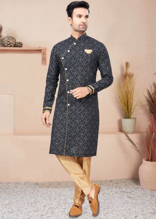 Black Readymade Cotton Printed Indo Western Sherwani 