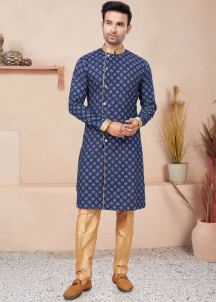 Blue Readymade Cotton Indo Western Sherwani In Print