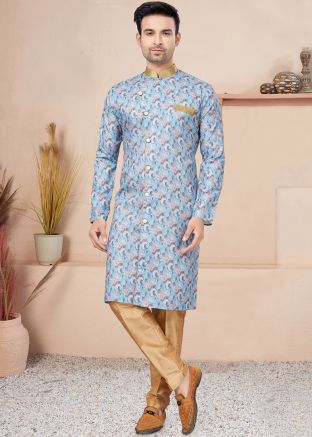 Blue Readymade Cotton Indo Western Sherwani In Digital Print