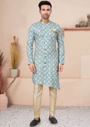 Blue Readymade Cotton Indo Western Sherwani In Print