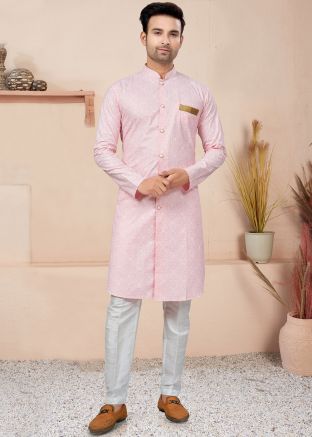 Pink Readymade Printed Indo Western Sherwani In Cotton